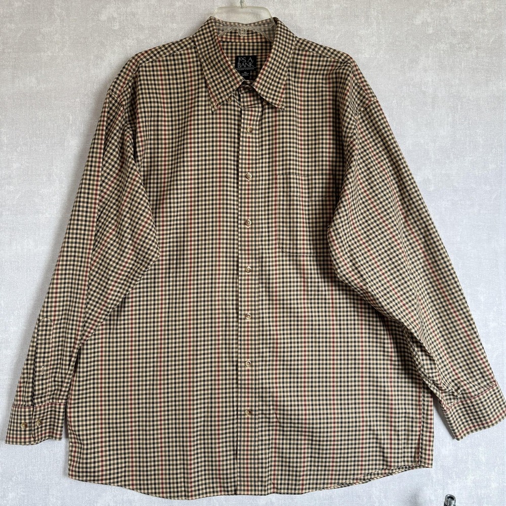 Jos A Bank Shirt‎ Mens Extra Large Beige Plaid Traveler's Collection Cotton